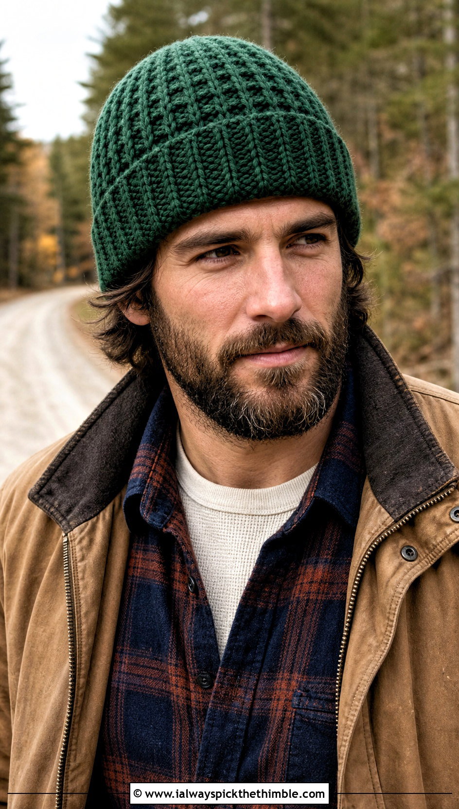Waffle Stitch Crochet Beanie With Flannel And Raw Denim - 25 crochet hat for men outfit ideas