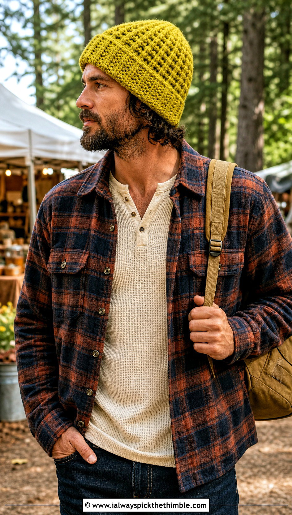 Waffle Stitch Crochet Beanie With Flannel Overshirt - 20 mens crochet hats men's beanie outfit ideas