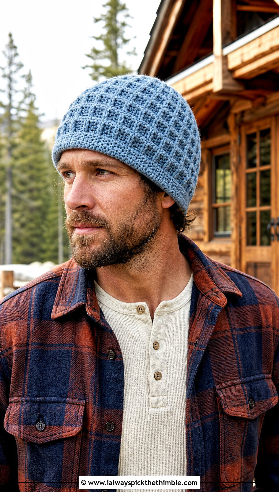 Waffle Stitch Crochet Beanie With Flannel Overshirt - 20 mens winter crochet hats outfit ideas