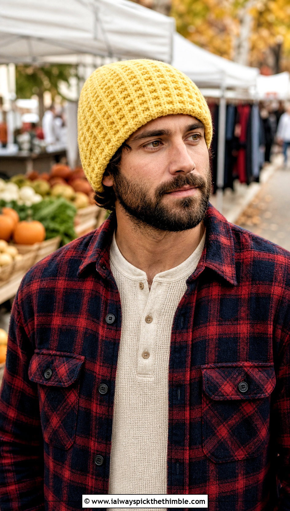 Waffle Stitch Crochet Beanie With Flannel Overshirt - 25 crochet beanie for men outfit ideas