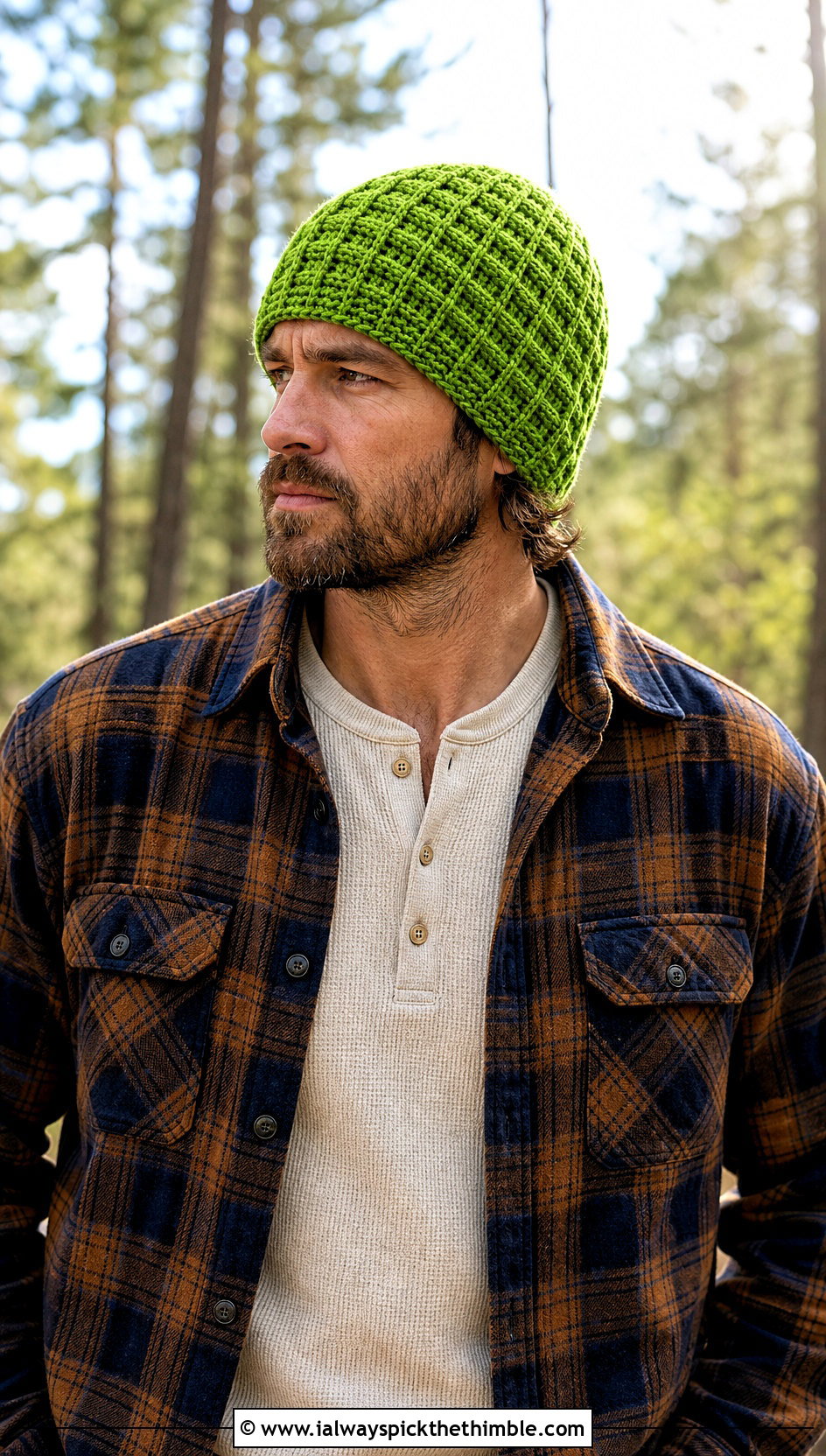 Waffle Stitch Crochet Beanie With Flannel Overshirt - 20 crochet man beanie outfit ideas