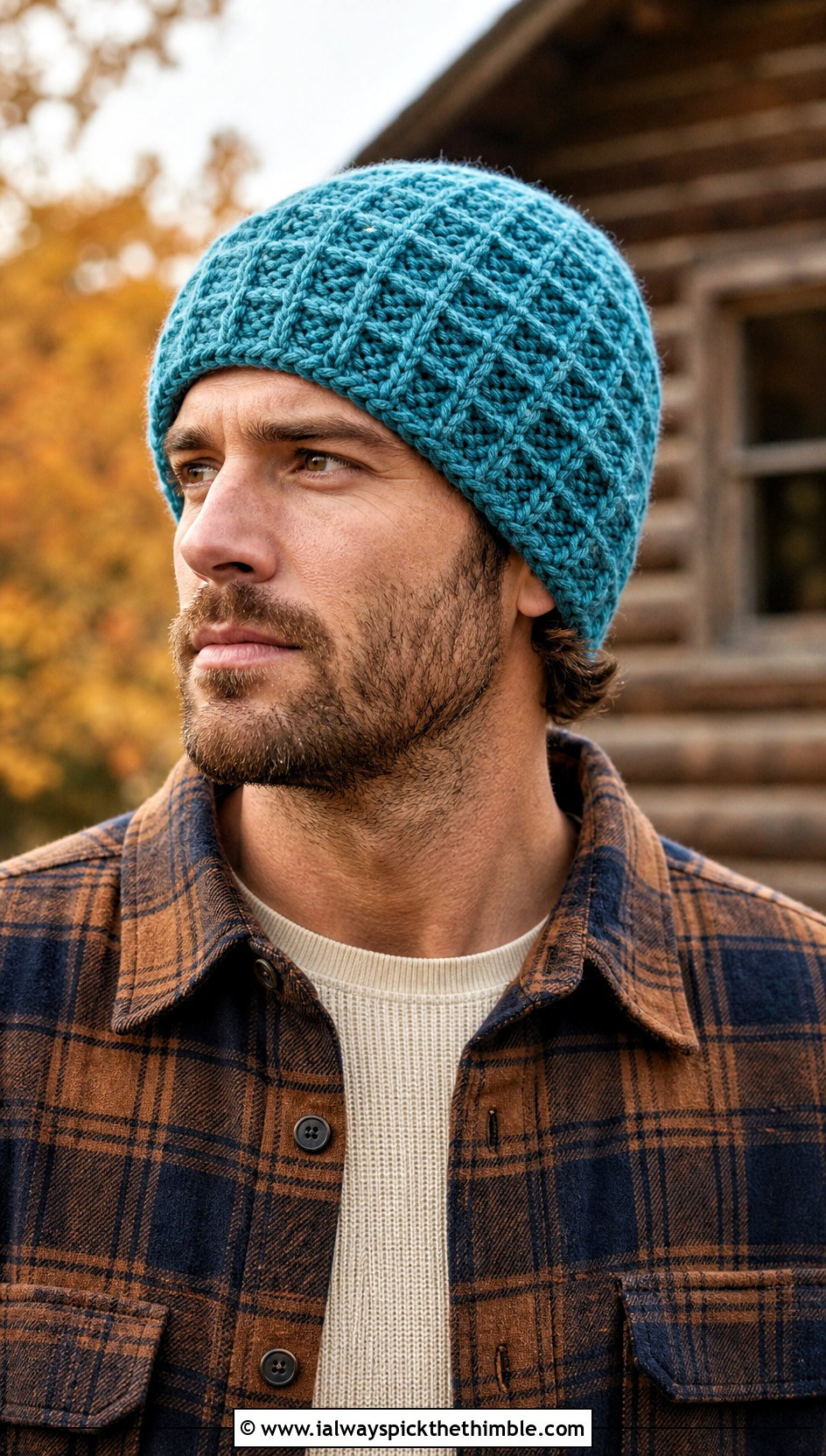 Waffle Stitch Crochet Beanie With Flannel Shirt - 25 men's crochet hat outfit ideas