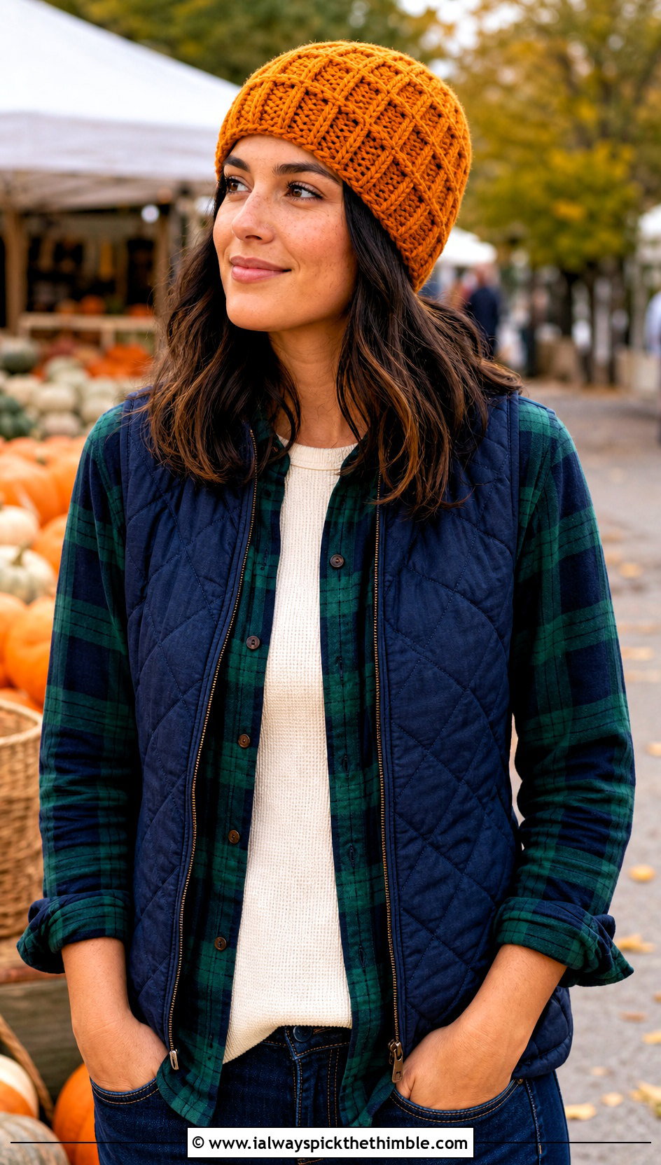 Waffle Stitch Crochet Beanie With Flannel Shirt - 20 Quick Crochet Beanie outfit ideas