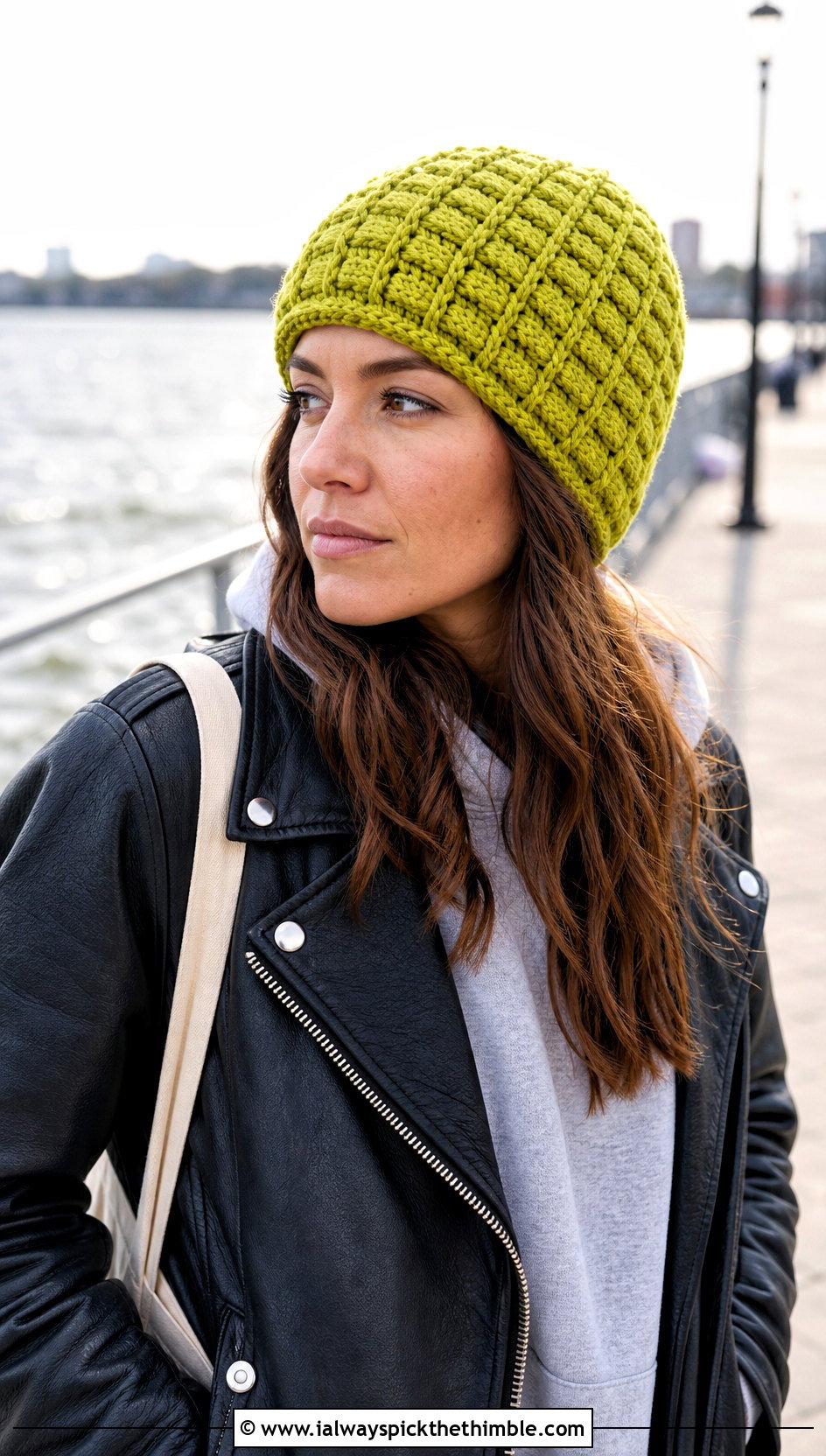 Waffle Stitch Crochet Beanie With Leather Jacket - 20 lakeside crochet beanie outfit ideas