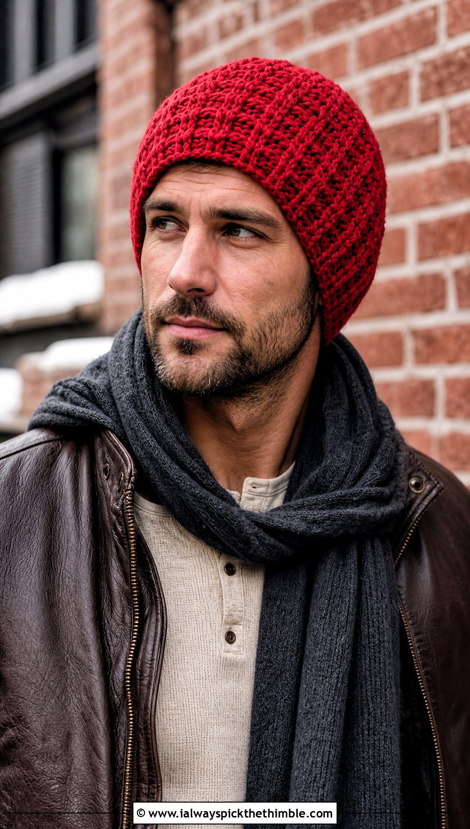 Waffle Stitch Crochet Beanie With Leather Jacket - 20 Crochet Mens Winter Hat outfit ideas