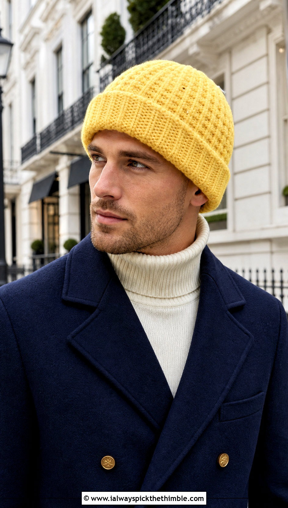 Waffle Stitch Crochet Beanie With Peacoat - 20 male crochet hat outfit ideas