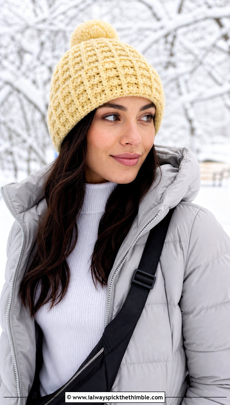Waffle Stitch Crochet Beanie With Puffer Jacket - 25 crochet beanie outfit ideas