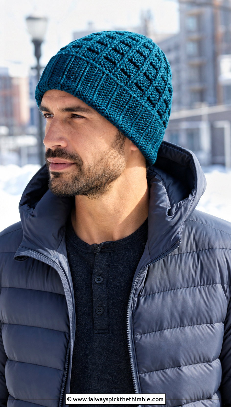 Waffle Stitch Crochet Beanie With Puffer Jacket - 25 Men Crochet Beanie outfit ideas
