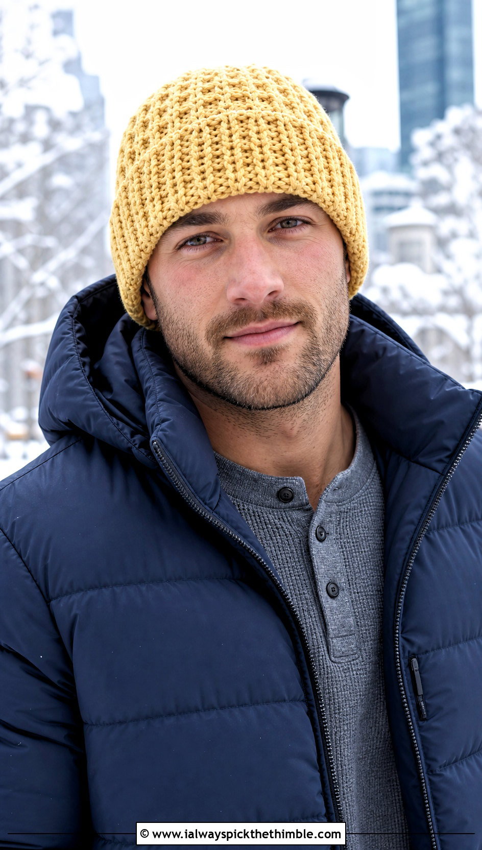 Waffle Stitch Crochet Beanie With Puffer Jacket - 25 men's crochet beanie outfit ideas