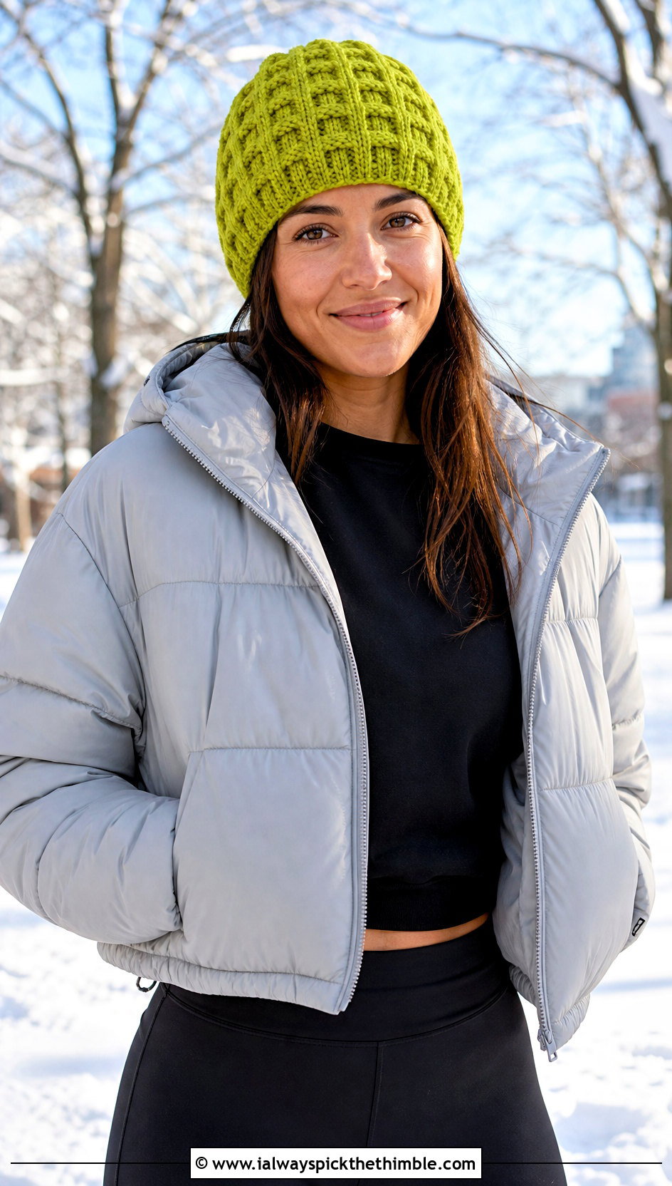 Waffle Stitch Crochet Beanie With Puffer Jacket And Leggings - 25 aesthetic crochet beanie outfit ideas