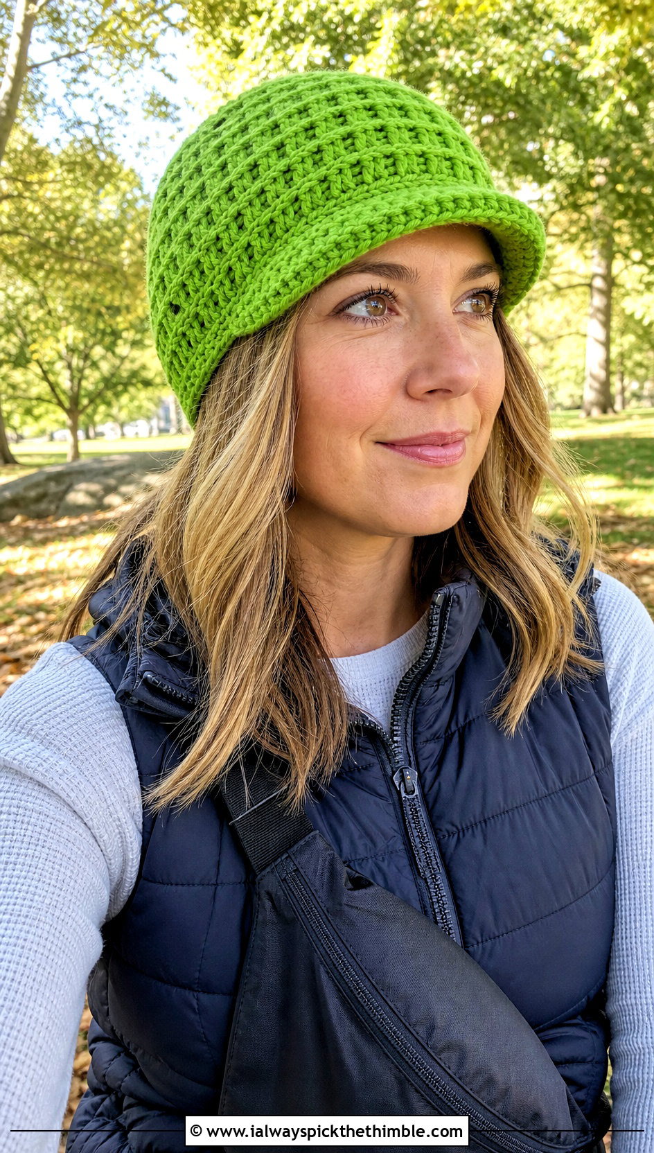 Waffle Stitch Crochet Beanie With Puffer Vest - 20 Crochet Beanie With Brim outfit ideas