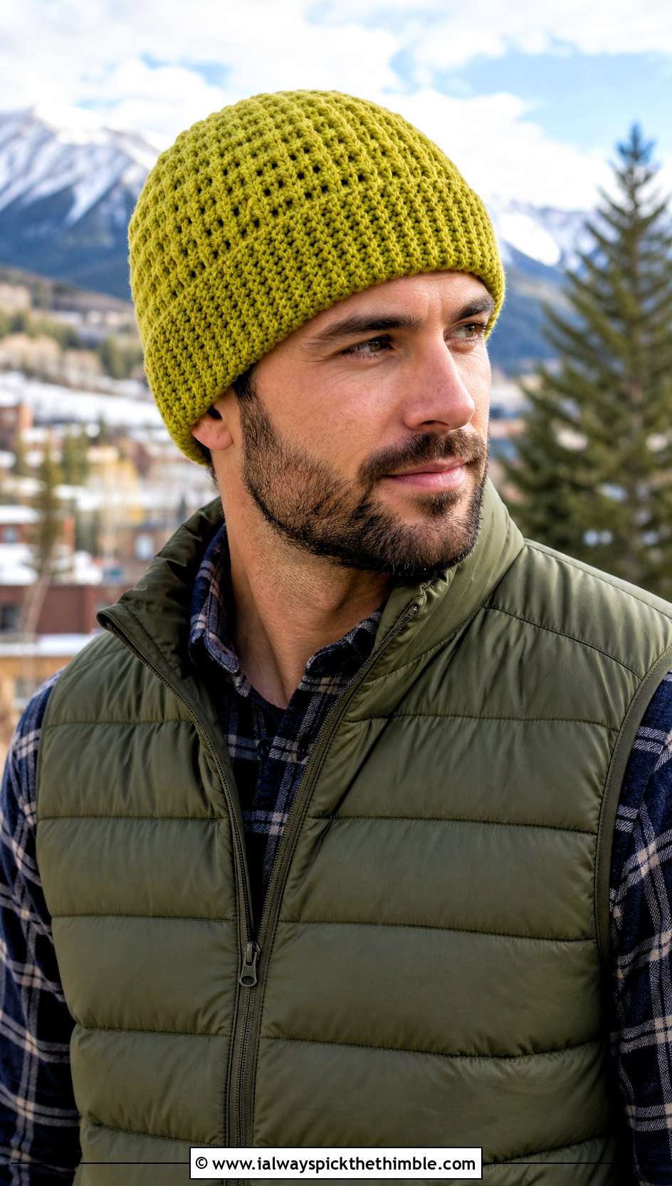 Waffle Stitch Crochet Beanie With Puffer Vest - 20 crocheted mens hats outfit ideas