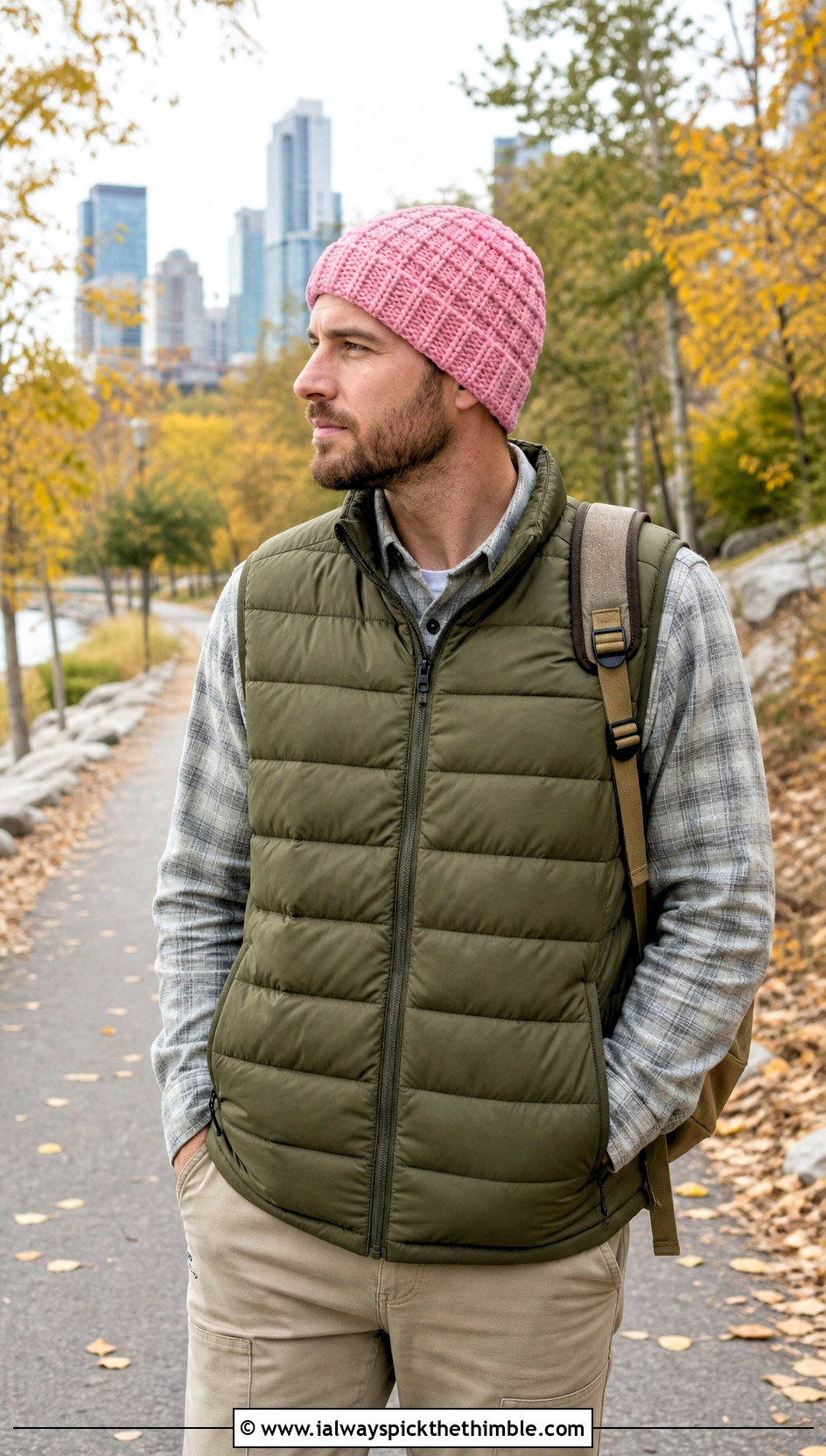 Waffle Stitch Crochet Beanie With Puffer Vest - 25 crochet hat for man outfit ideas