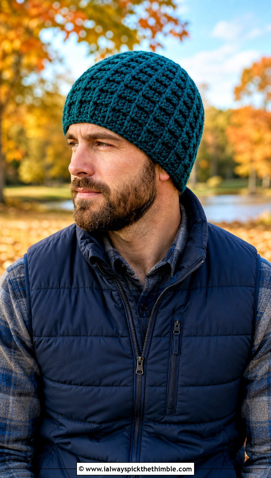 Waffle Stitch Crochet Beanie With Puffer Vest - 25 mens crochet hats outfit ideas