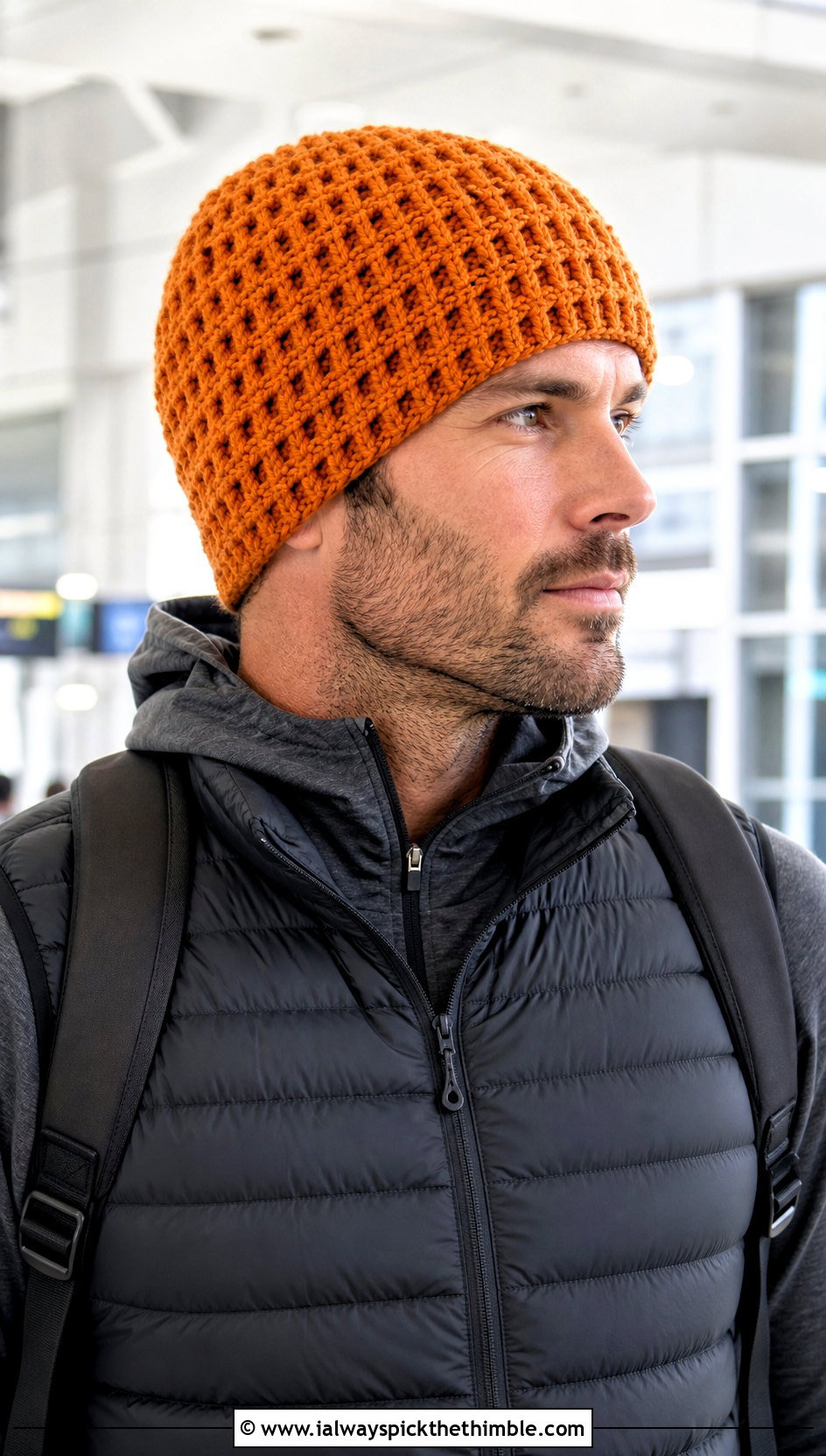 Waffle Stitch Crochet Beanie With Puffer Vest - 15 Crochet Men's Hats outfit ideas