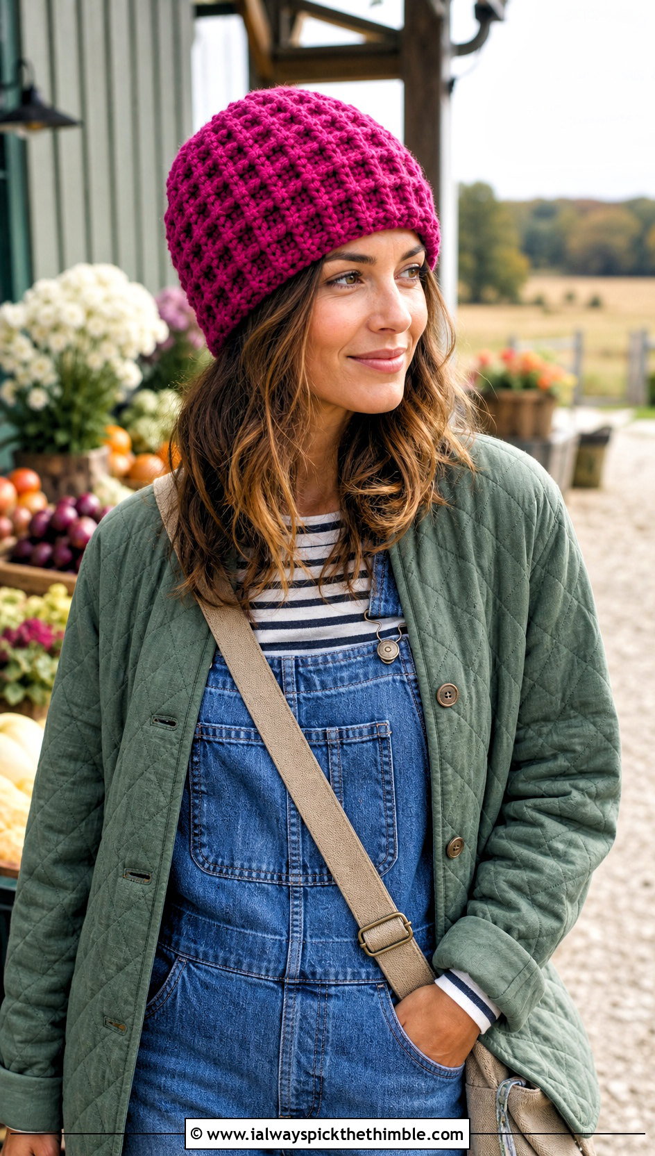 Waffle Stitch Crochet Beanie With Quilted Jacket And Overalls - 20 beginner crochet beanie outfit ideas