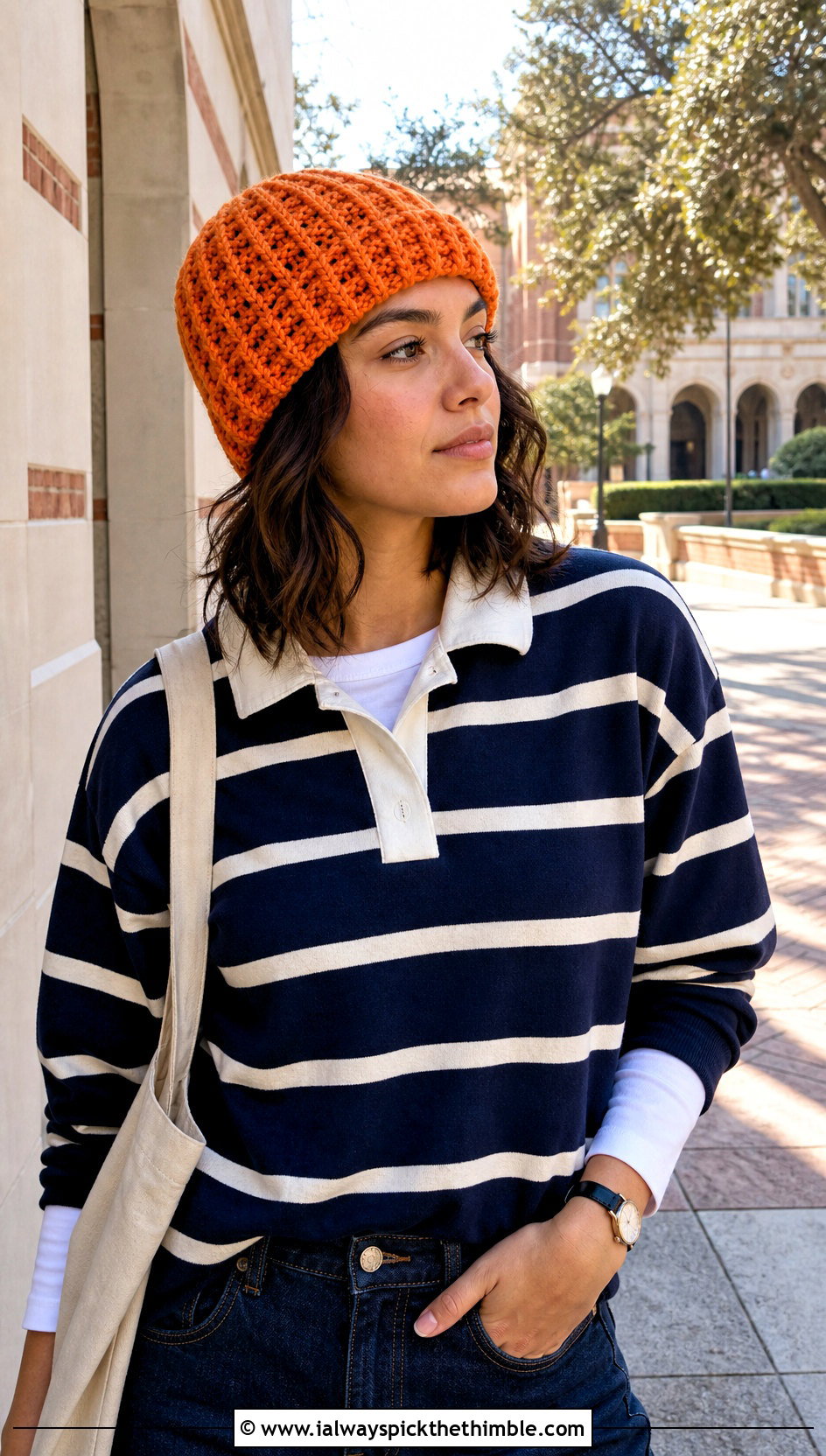 Waffle Stitch Crochet Beanie With Rugby Shirt - 20 unique crochet beanie outfit ideas