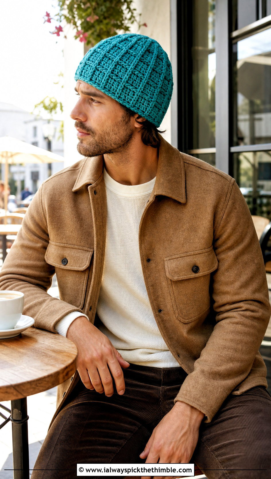 Waffle Stitch Crochet Beanie With Shacket And Corduroy Pants - 20 men's crochet hats outfit ideas