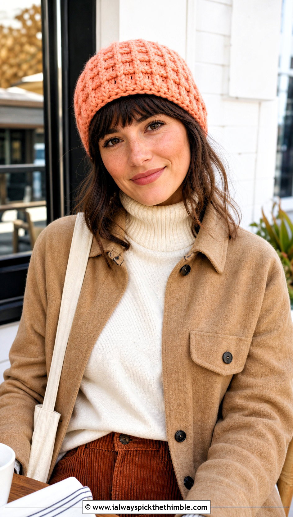 Waffle Stitch Crochet Beanie With Shacket And Corduroy Pants - 20 crochet beanies for women outfit ideas