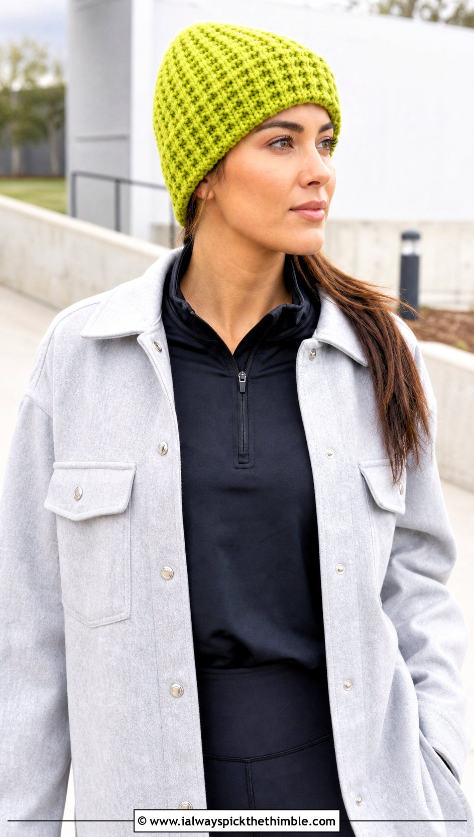 Waffle Stitch Crochet Beanie With Shacket And Leggings - 20 Women Crochet Beanie outfit ideas
