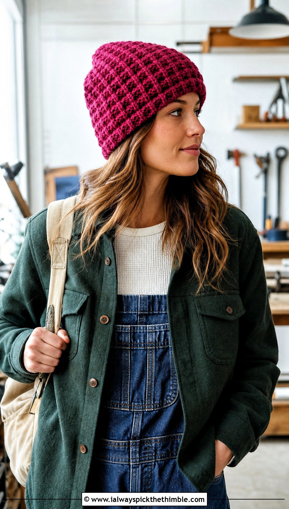 Waffle Stitch Crochet Beanie With Shacket And Overalls - 20 easy crochet winter hat outfit ideas
