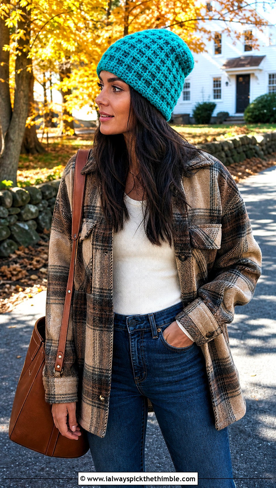 Waffle Stitch Crochet Beanie With Shacket And Straight Jeans - 25 crochet beanies outfit ideas