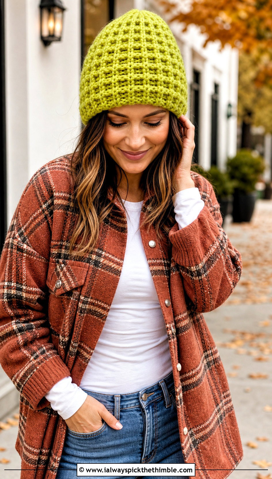 Waffle Stitch Crochet Beanie With Shacket And Straight Jeans - 25 crochet beanie hat outfit ideas