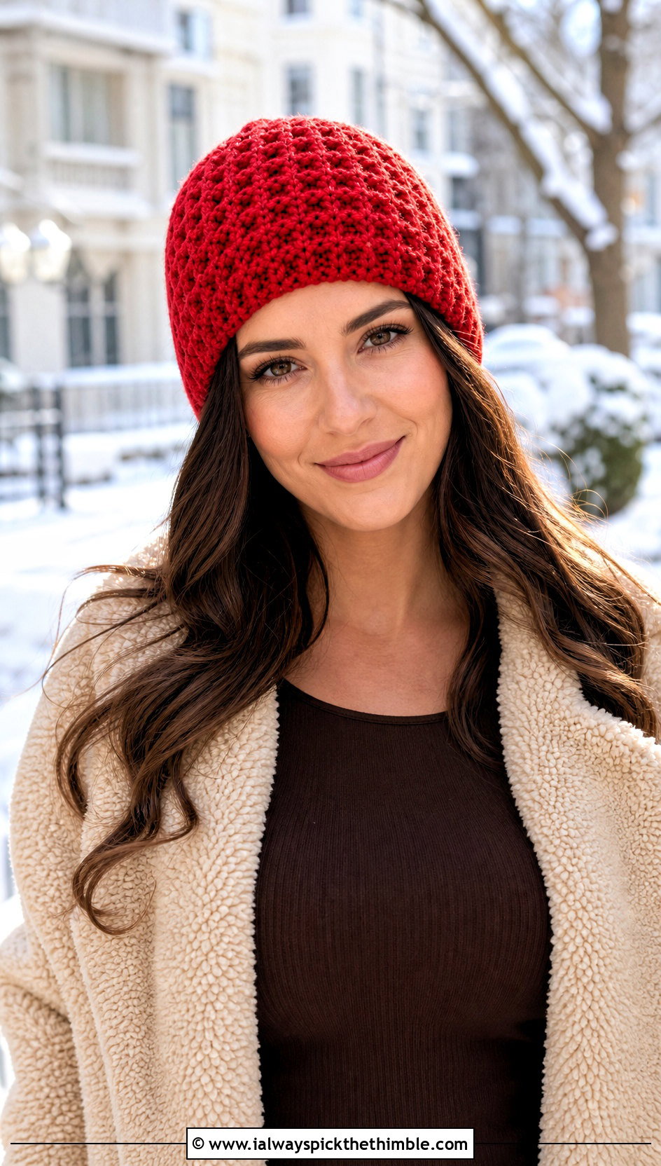 Waffle Stitch Crochet Beanie With Shearling Jacket And Wide Leg Pants - 20 winter crochet beanie outfit ideas