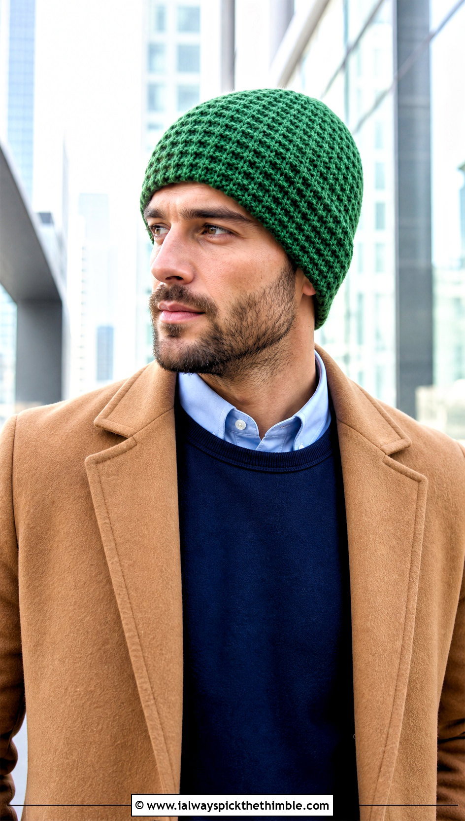 Waffle Stitch Crochet Beanie With Smart Casual Outfit - 20 crochet hat ideas for men