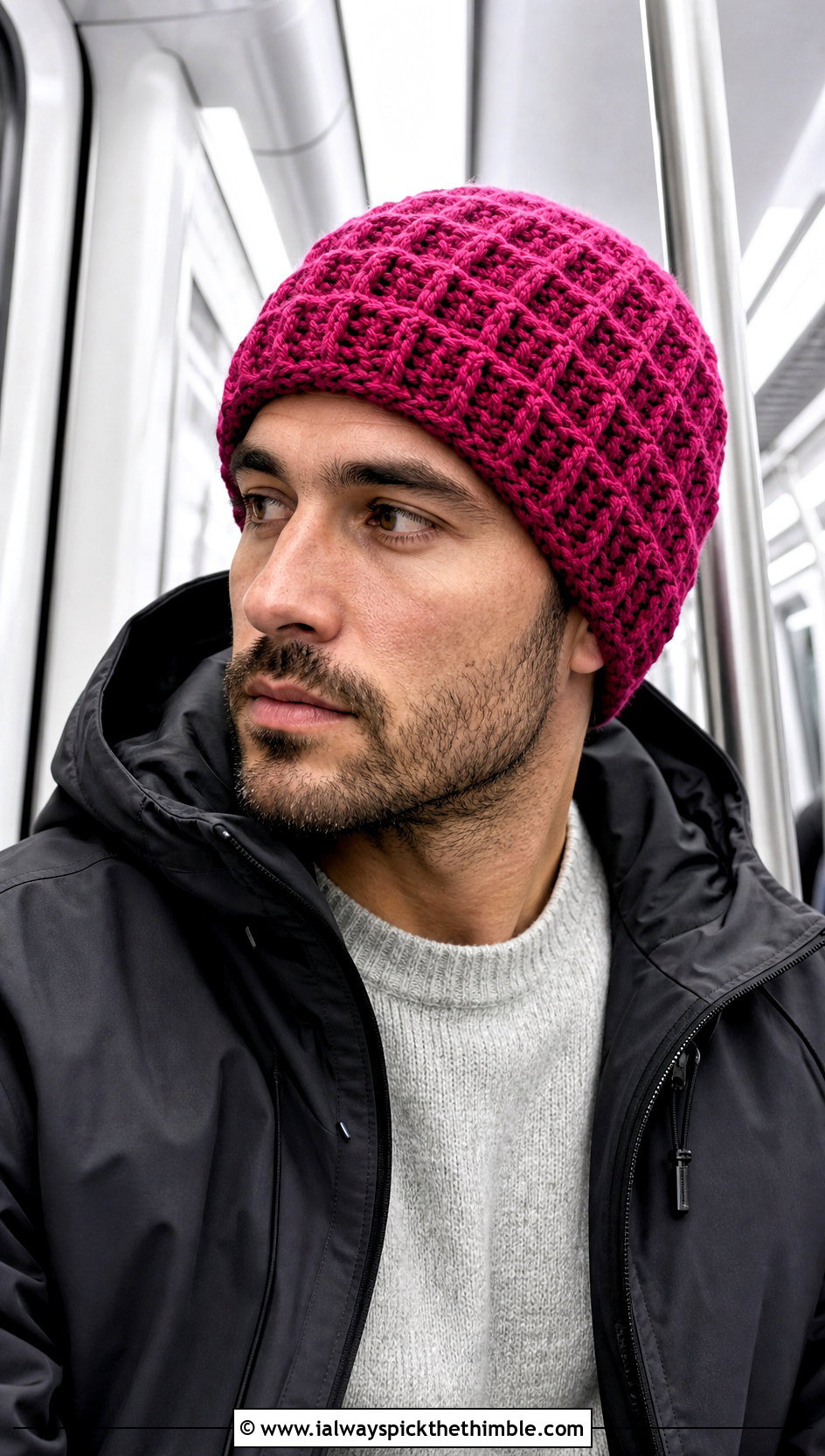 Waffle Stitch Crochet Beanie With Technical Jacket - 25 crochet hat men outfit ideas