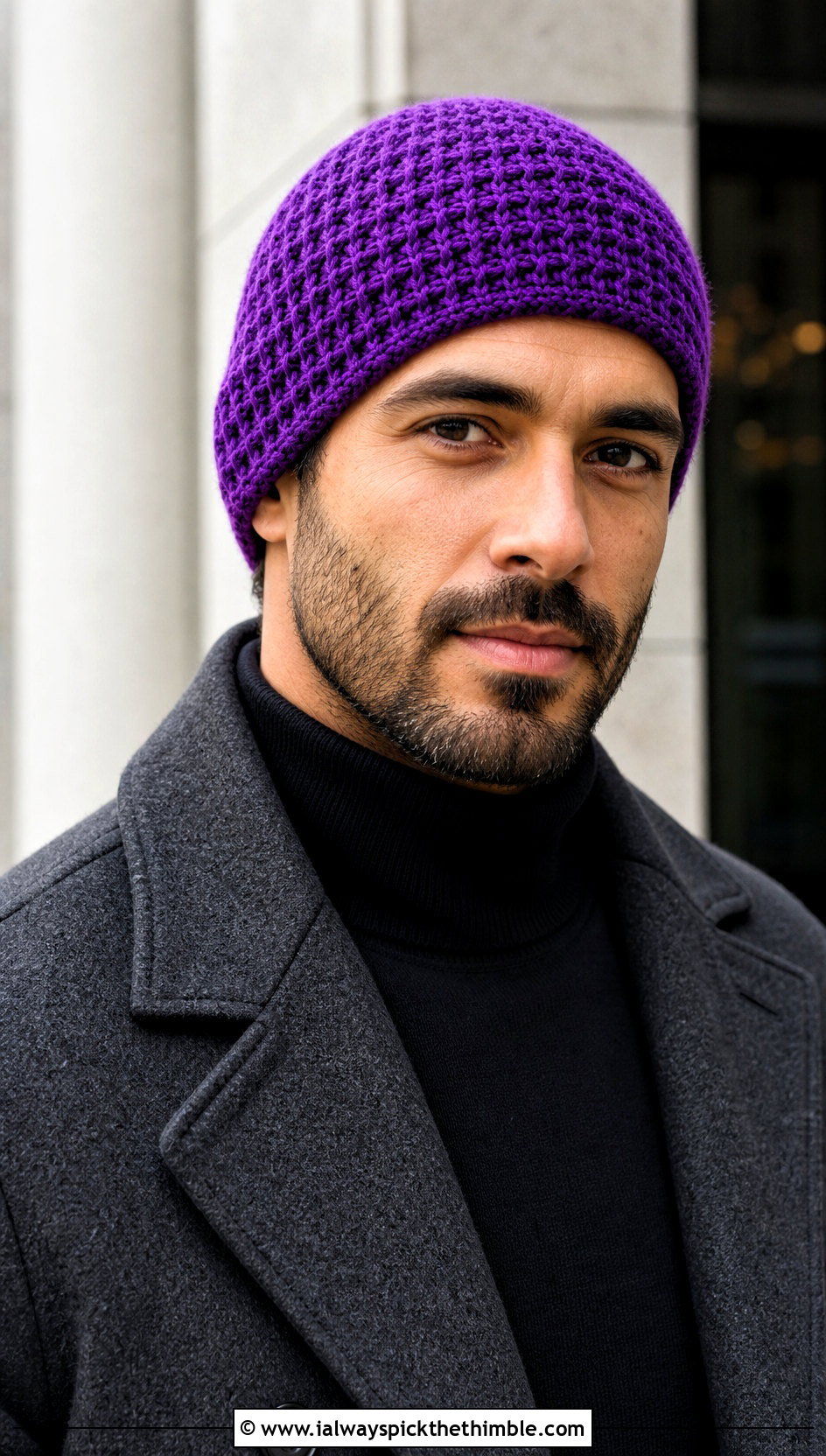 Waffle Stitch Crochet Beanie With Topcoat - 20 easy crochet beanie for men outfit ideas