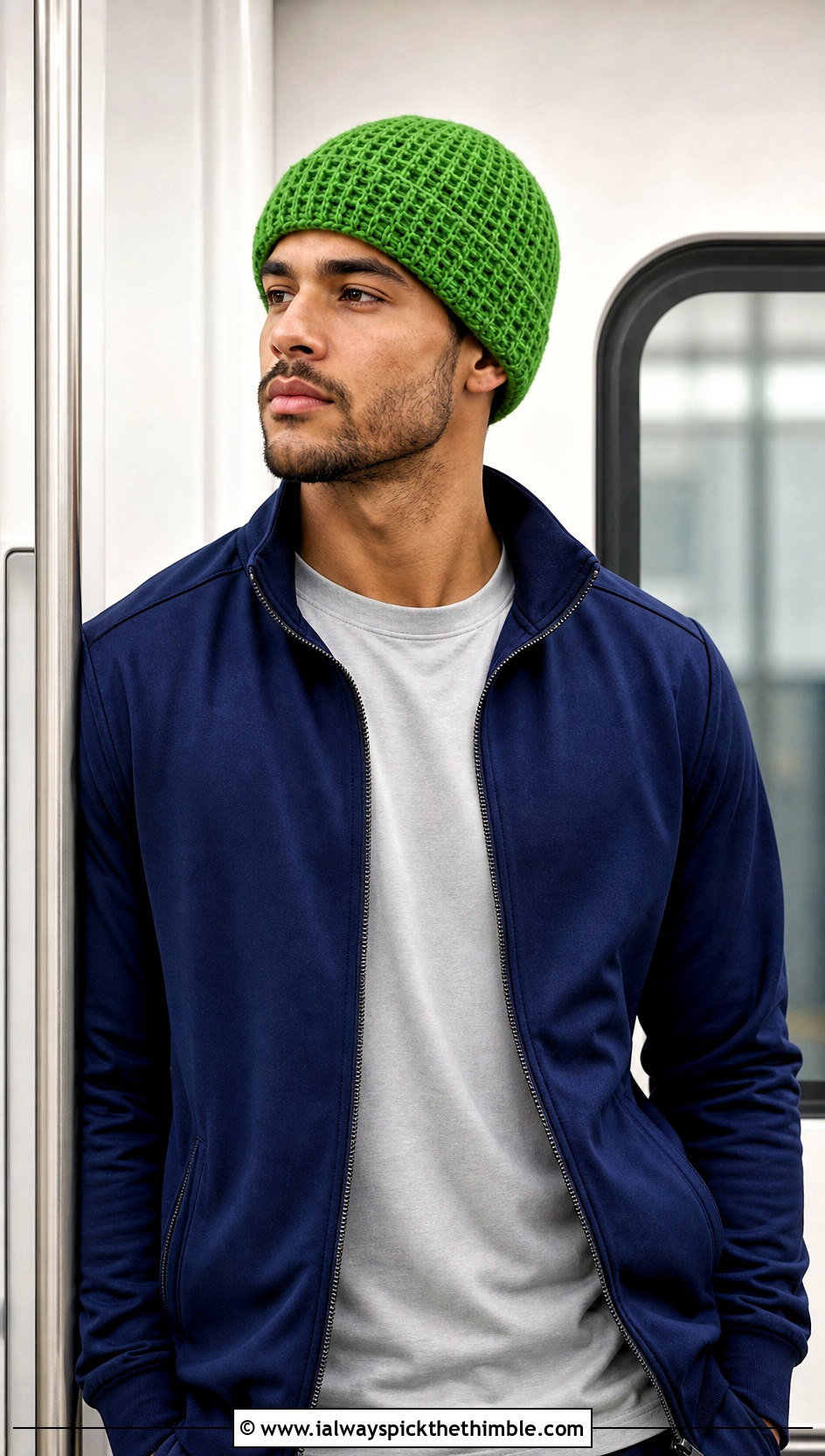 Waffle Stitch Crochet Beanie With Track Jacket - 15 Crochet Mens Hats outfit ideas