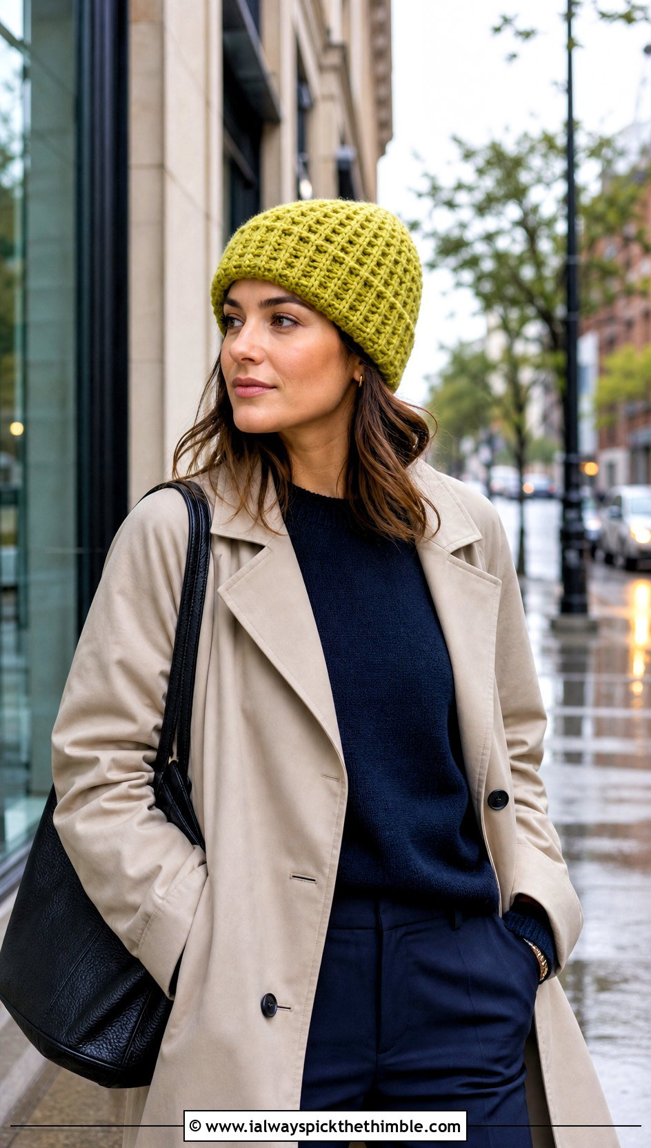 Waffle Stitch Crochet Beanie With Trench Coat And Loafers - 20 bulky yarn crochet beanie outfit ideas