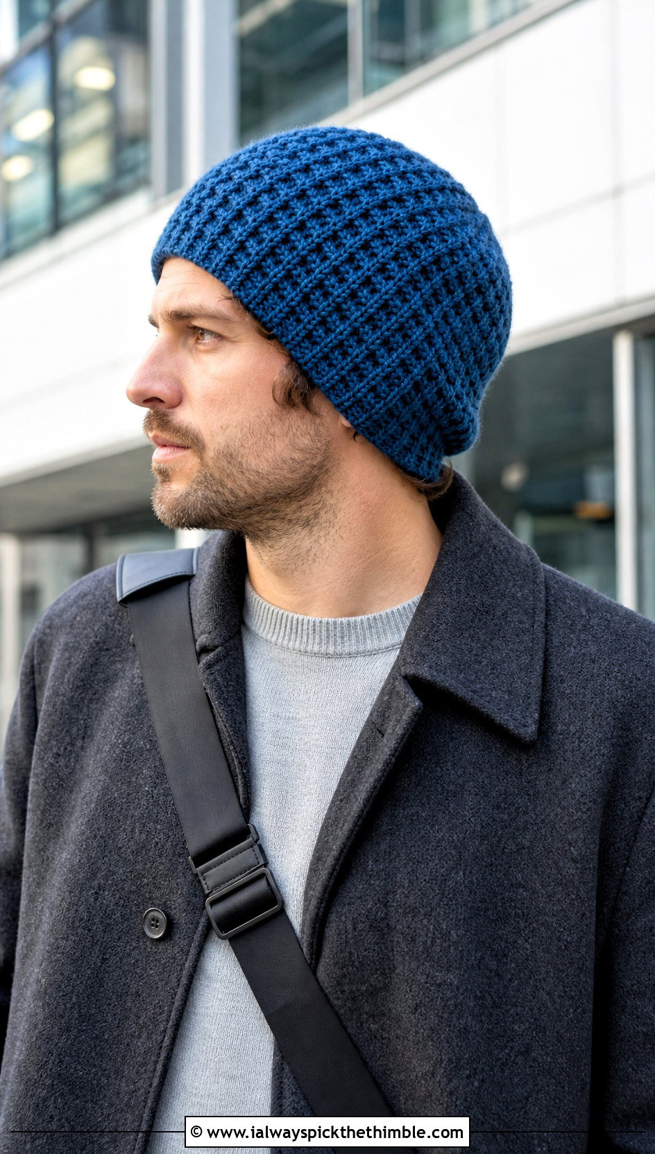 Waffle Stitch Crochet Beanie With Wool Overcoat - 25 mens crochet hat outfit ideas