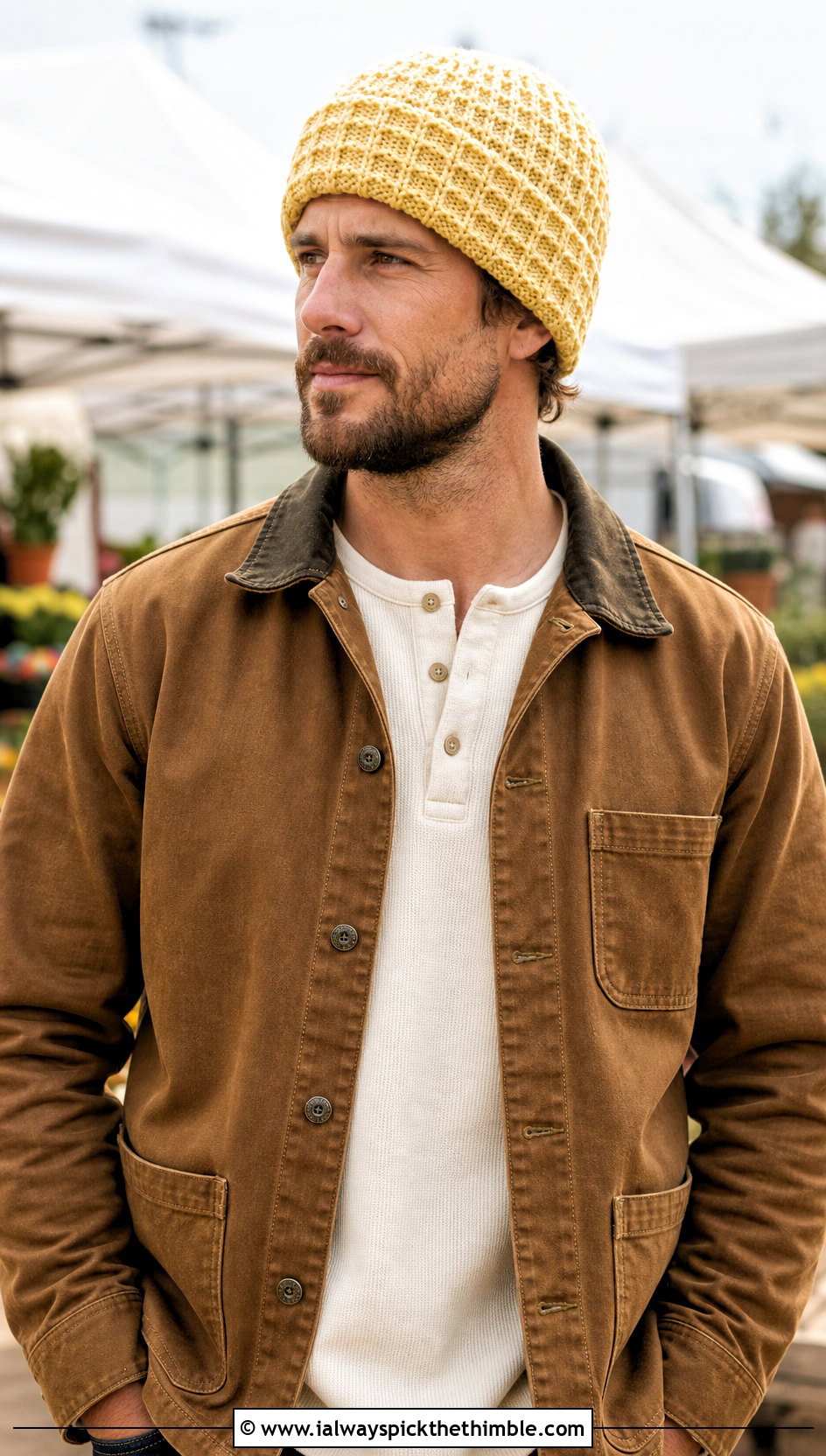 Waffle Stitch Crochet Beanie With Workwear Jacket - 20 easy men's crochet beanie outfit ideas