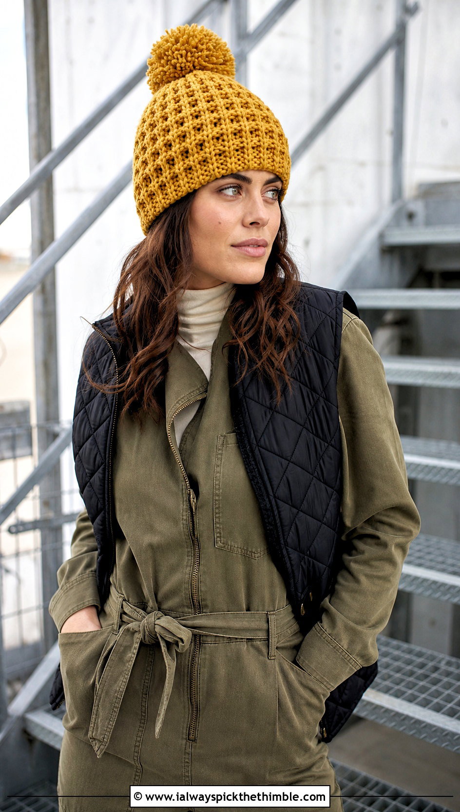 Waffle Stitch Crochet Bobble Hat With Utility Jumpsuit - 20 crochet bobble hat outfit ideas