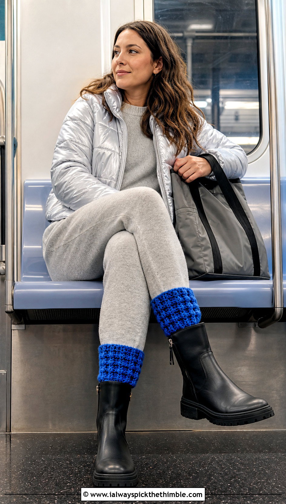 Waffle Stitch Crochet Boot Cuffs With Knit Set And Puffer Jacket - 20 crochet boot cuff outfit ideas