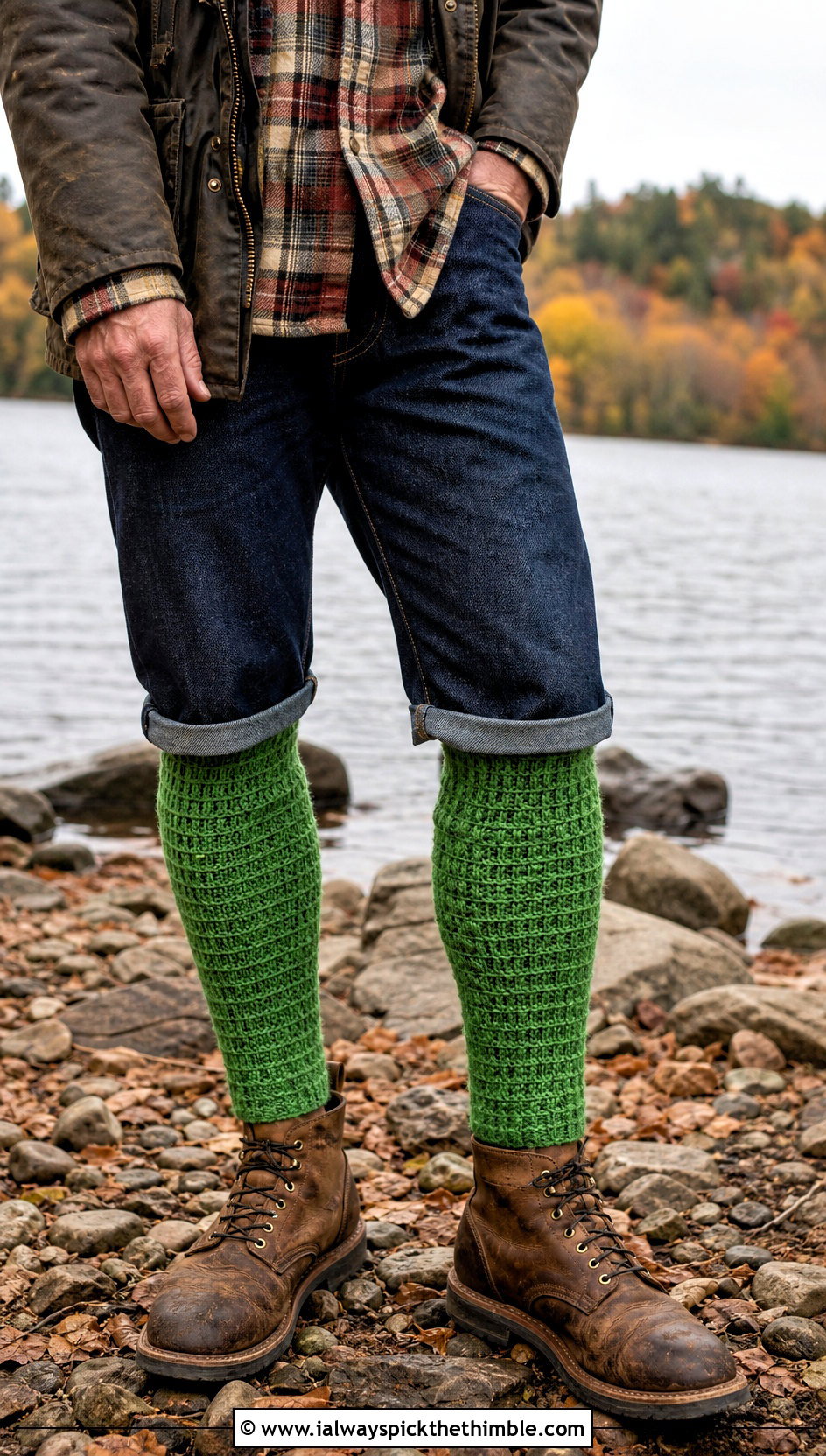 Waffle Stitch Crochet Boot Socks With Raw Denim - 20 men's crochet socks outfit ideas