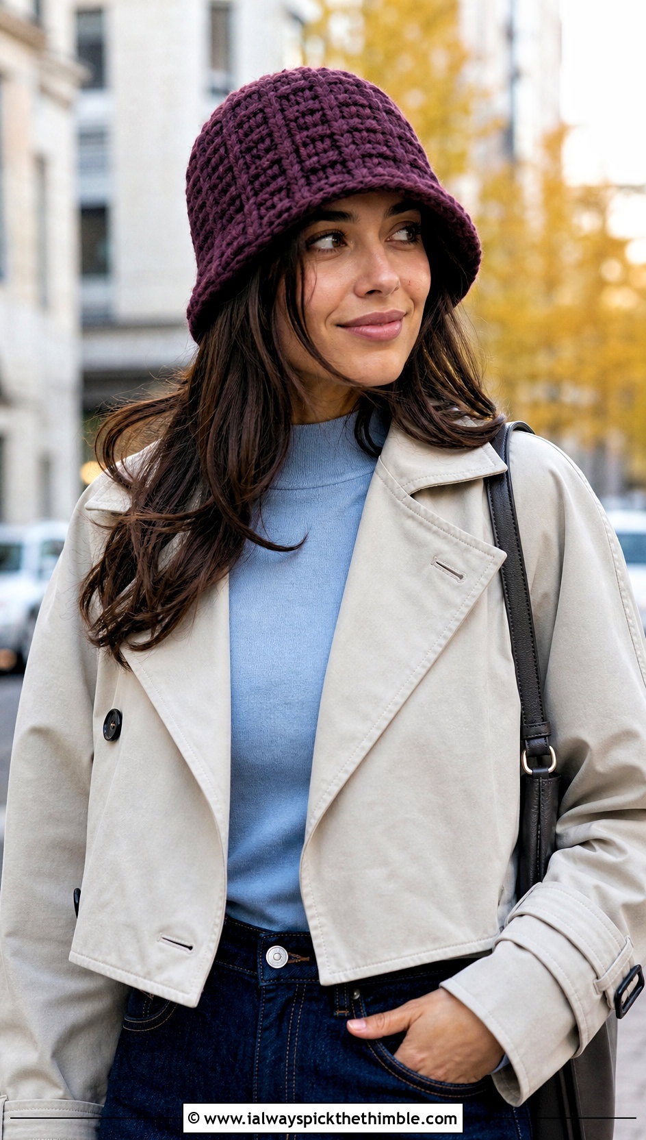 Waffle Stitch Crochet Bucket Hat With Trench Coat - 20 crocheting bucket hat outfit ideas