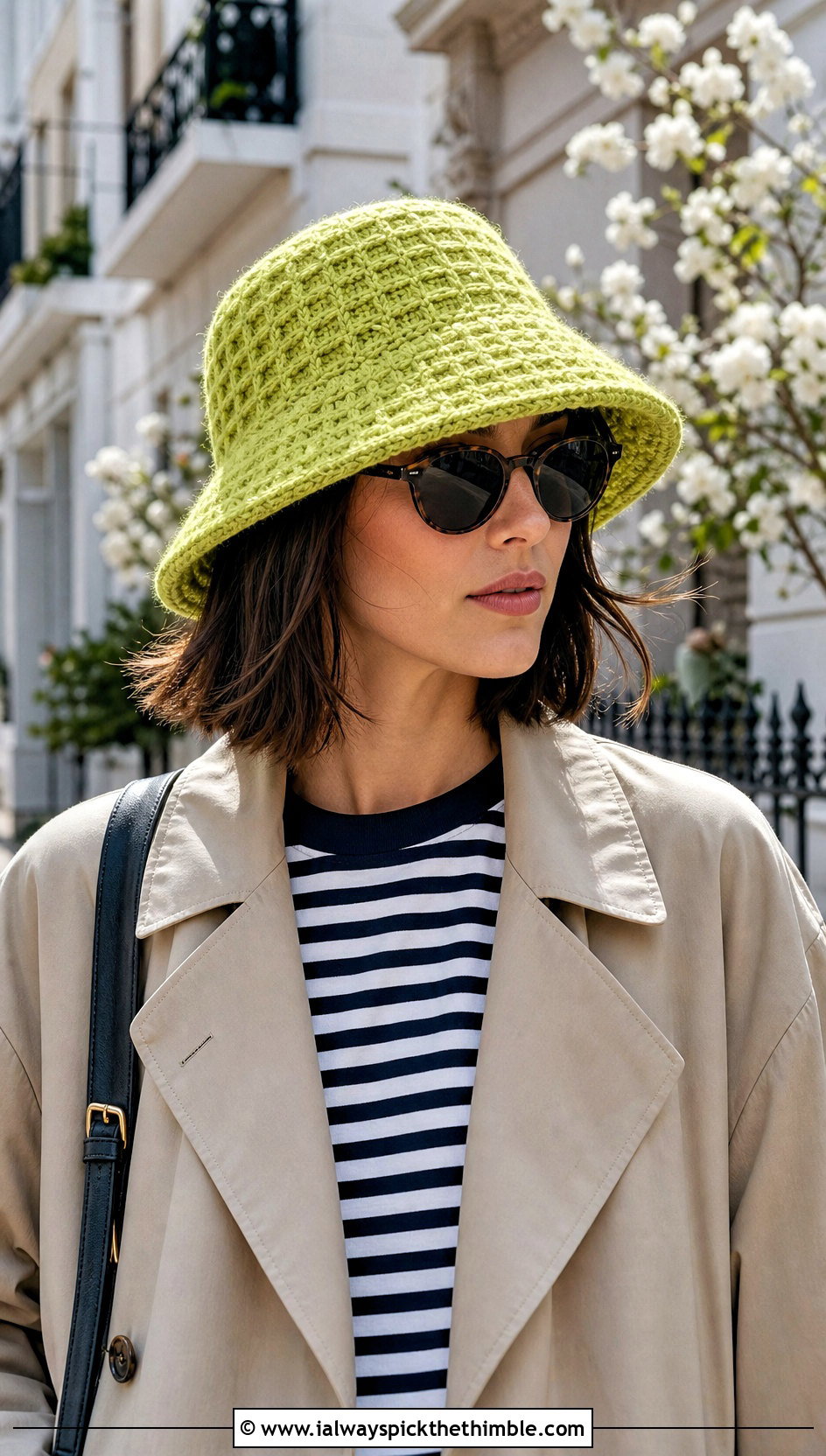 Waffle Stitch Crochet Bucket Hat With Trench Coat - 15 Textured Crochet Hat outfit ideas