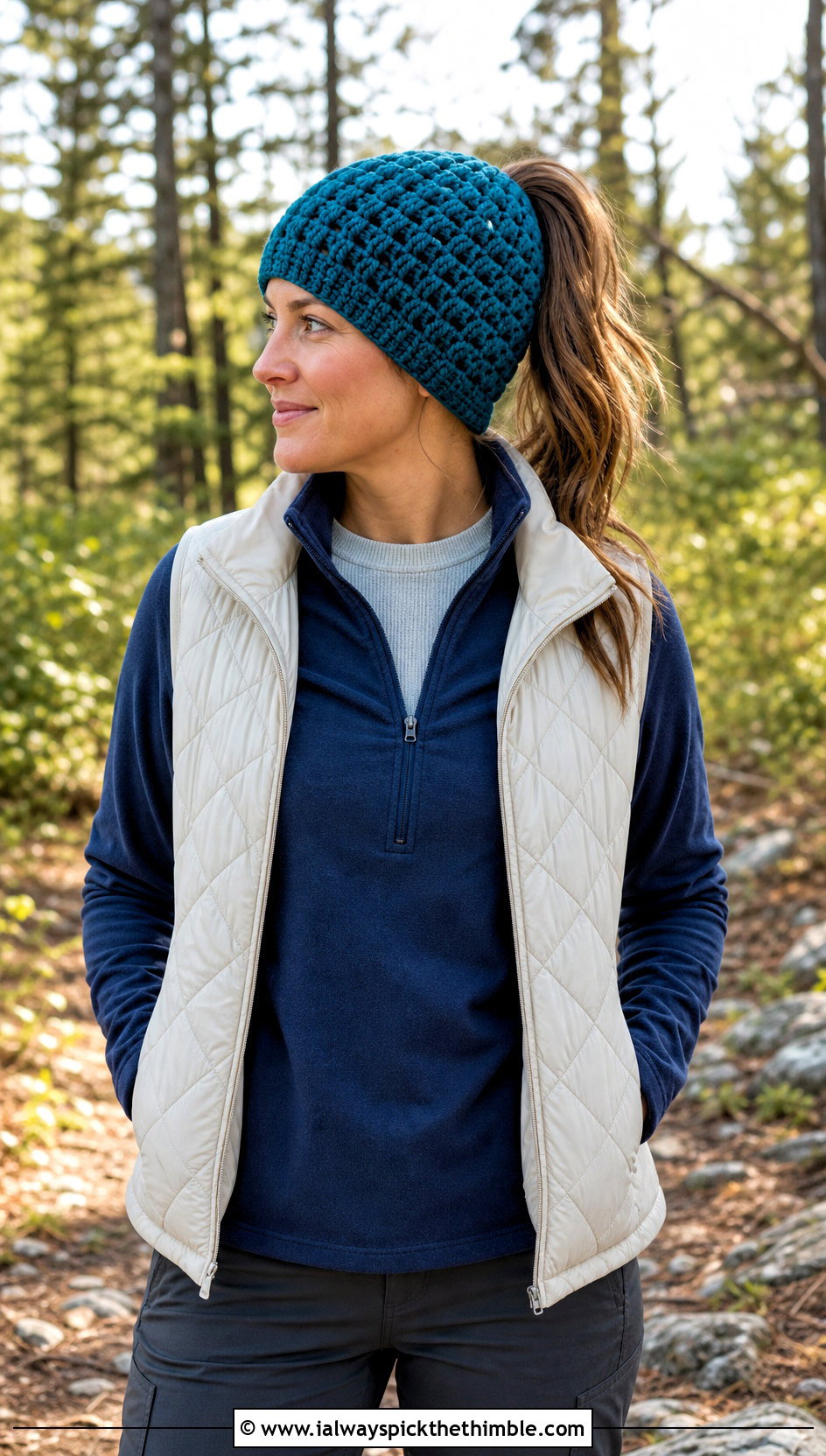 Waffle Stitch Crochet Bun Hat With Quilted Vest And Thermal Layers - 15 Crochet Bun Hats outfit ideas