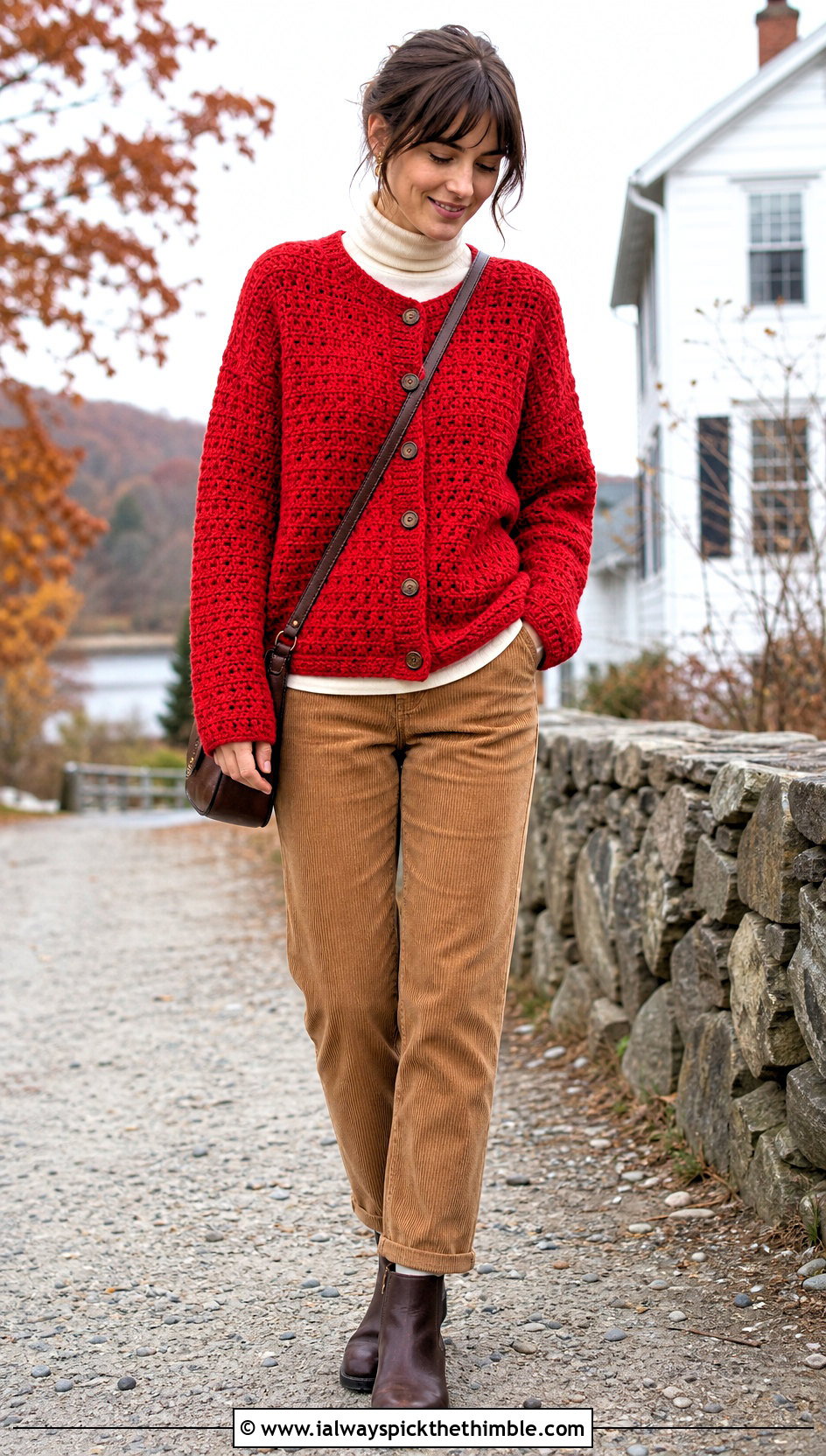 Waffle Stitch Crochet Button Sweater With Corduroy Pants - 20 Crochet Button Sweater outfit ideas