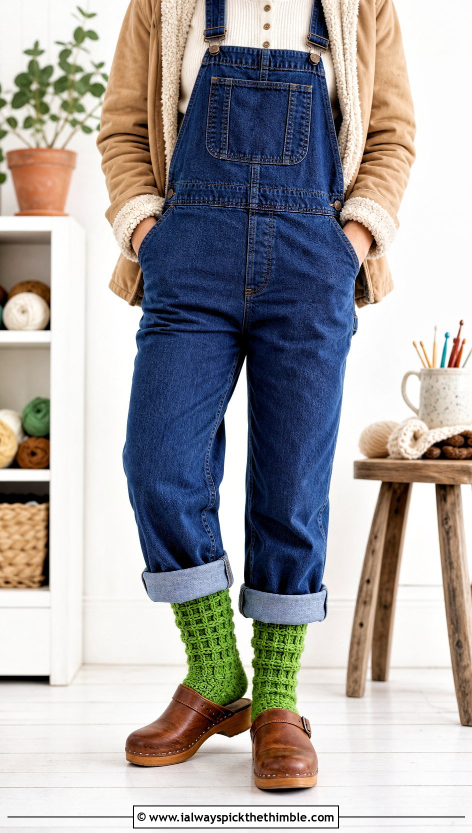 Waffle Stitch Crochet Cabin Socks With Overalls - 20 crochet winter socks outfit ideas