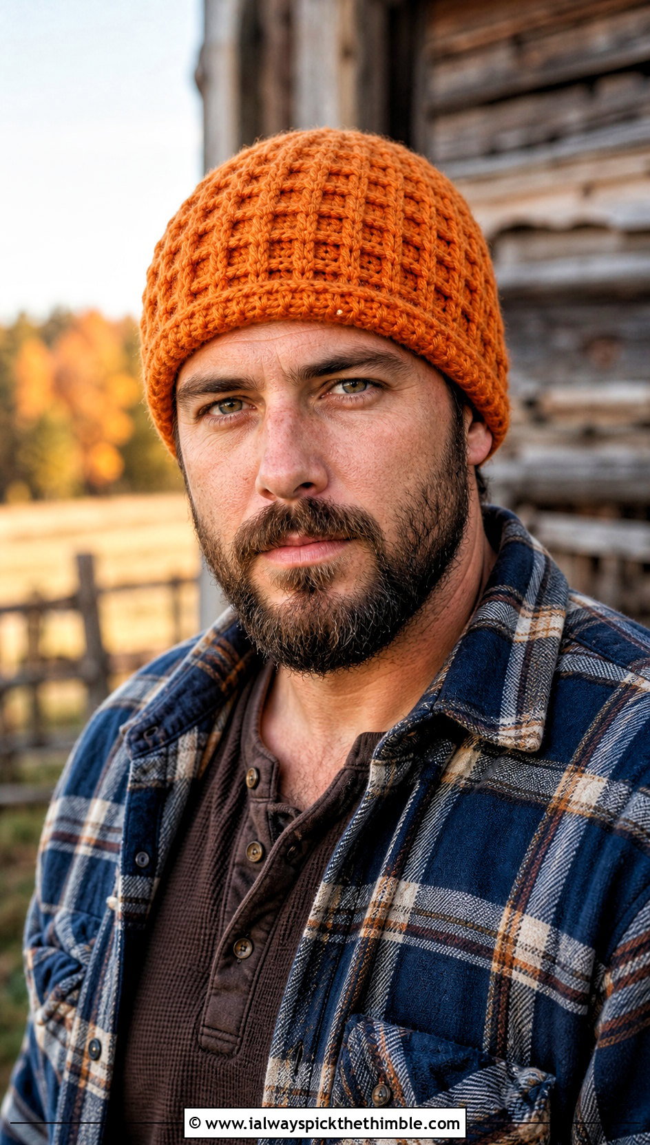 Waffle Stitch Crochet Cap With Flannel Shirt - 25 crochet cap for men outfit ideas