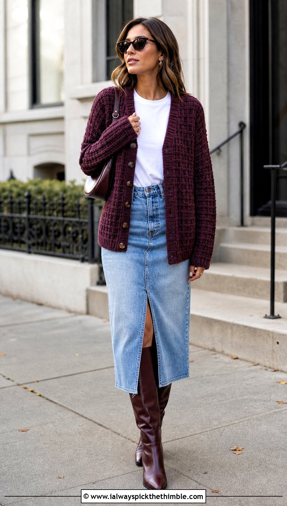 Waffle Stitch Crochet Cardigan With Denim Midi Skirt - 20 Thick Yarn Crochet Cardigan outfit ideas