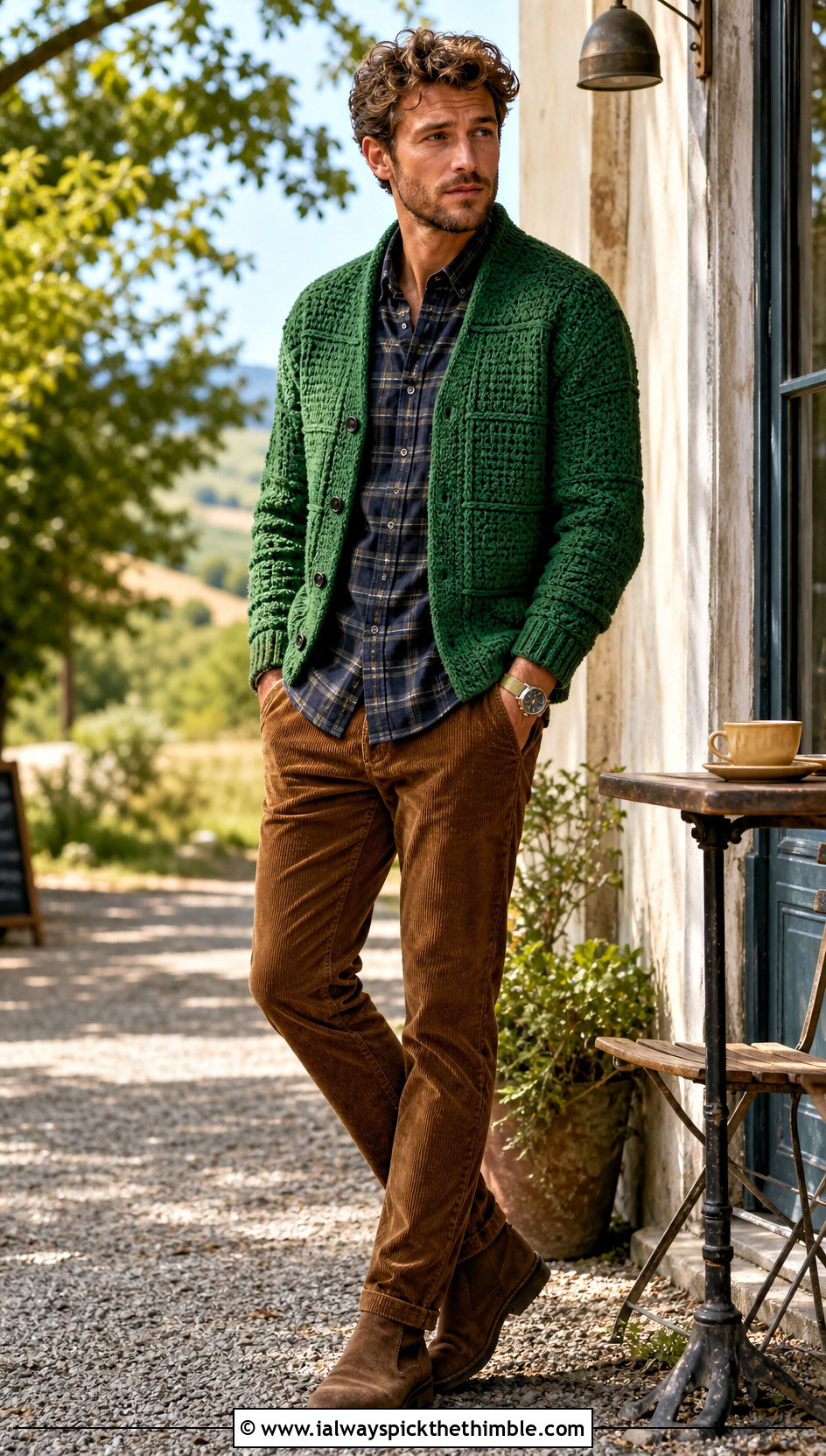 Waffle Stitch Crochet Cardigan With Flannel Shirt And Corduroy Pants - 25 mens crochet cardigan outfit ideas