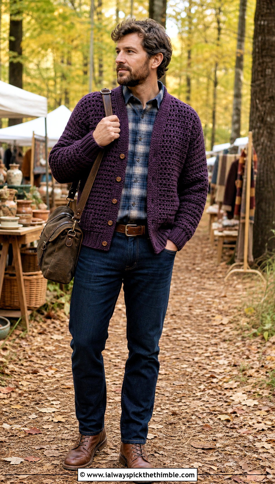 Waffle Stitch Crochet Cardigan With Flannel Shirt - 25 crochet cardigan men outfit ideas