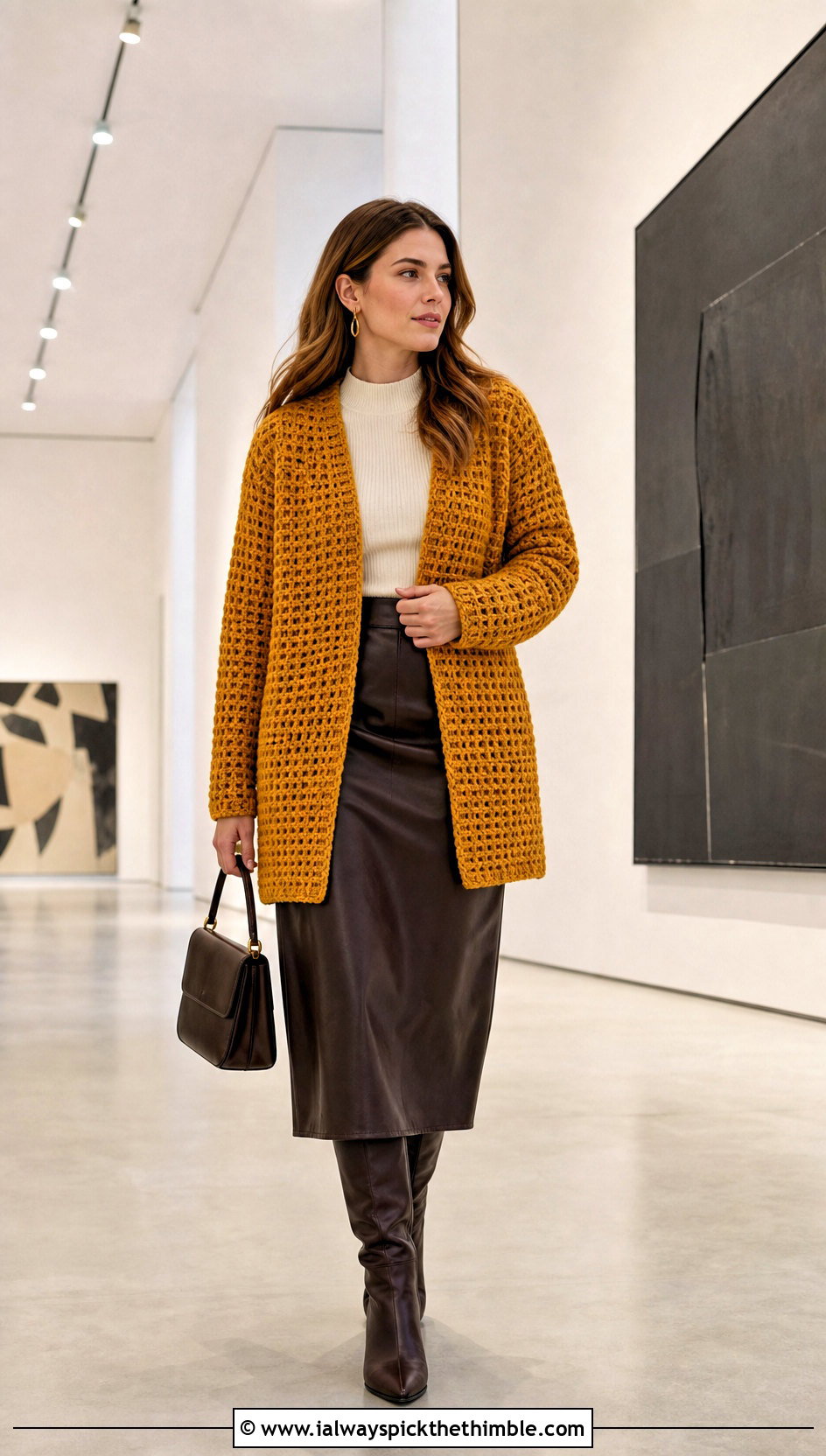 Waffle Stitch Crochet Cardigan With Leather Midi Skirt - 20 crochet winter cardigan outfit ideas
