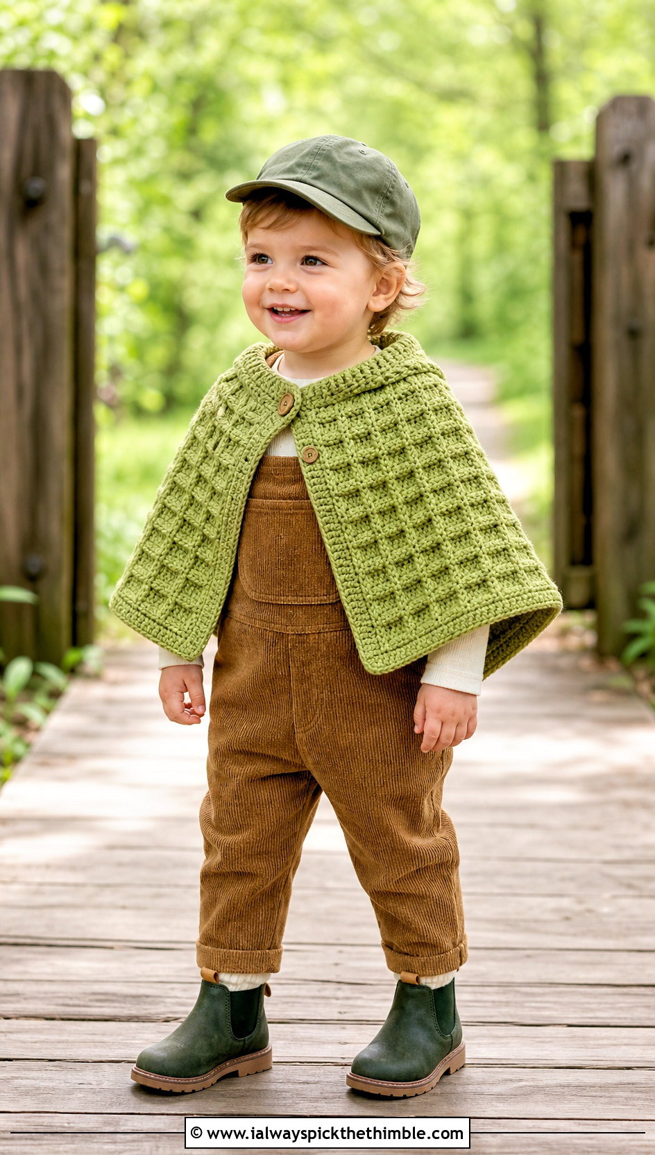 Waffle Stitch Crochet Carseat Poncho With Corduroy Overalls - 20 Crochet Carseat Poncho outfit ideas