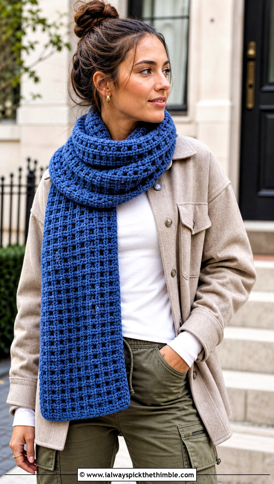 Waffle Stitch Crochet Chenille Scarf With Shacket - 20 crochet chenille scarf outfit ideas